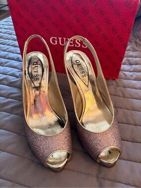 GUESS Gold-Tone Pink Glitter Peep-Toe Slingback Heels